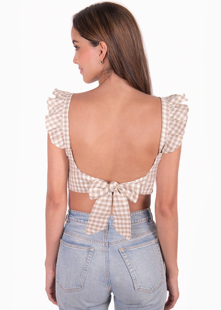 Crop top de tiras con cuello en v y boleros color beige para mujer - Flashy