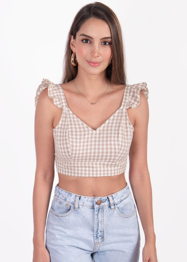Crop top de tiras con cuello en v y boleros color beige para mujer - Flashy