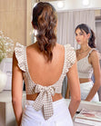 Crop top de tiras con cuello en v y boleros color beige para mujer - Flashy