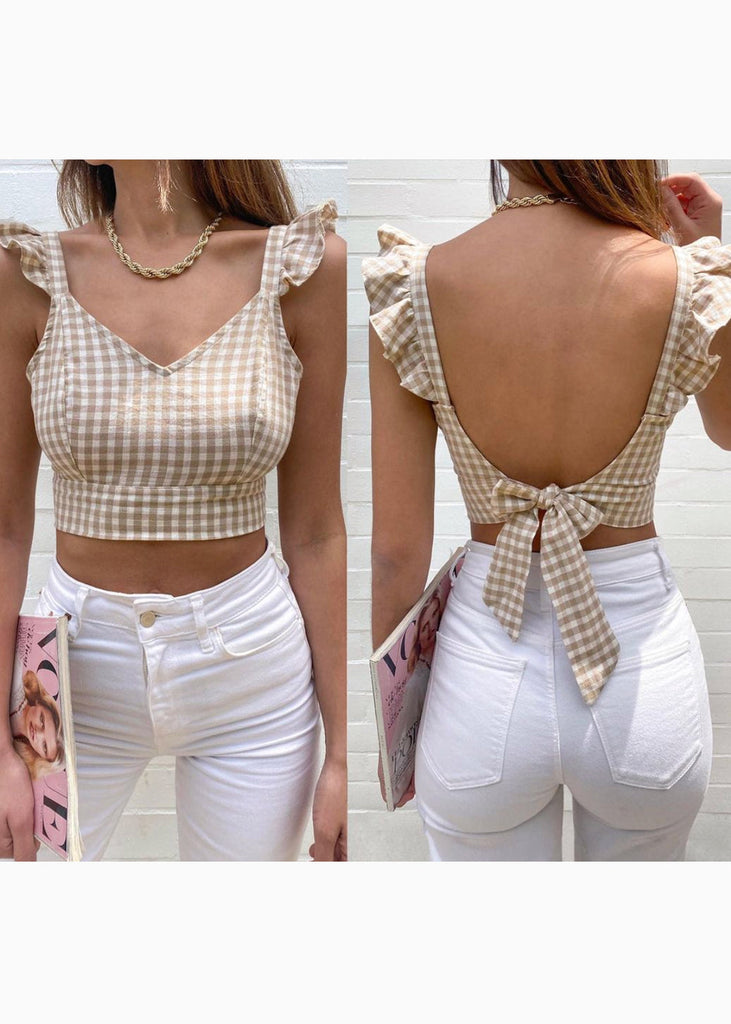 Crop top de tiras con cuello en v y boleros color beige para mujer - Flashy