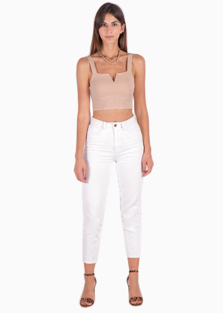 Crop top de tiras con escote en v color beige para mujer - Flashy