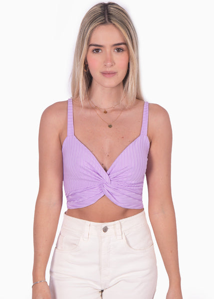 Crop top de tiras con escote entorchado color lila, morado para mujer - Flashy