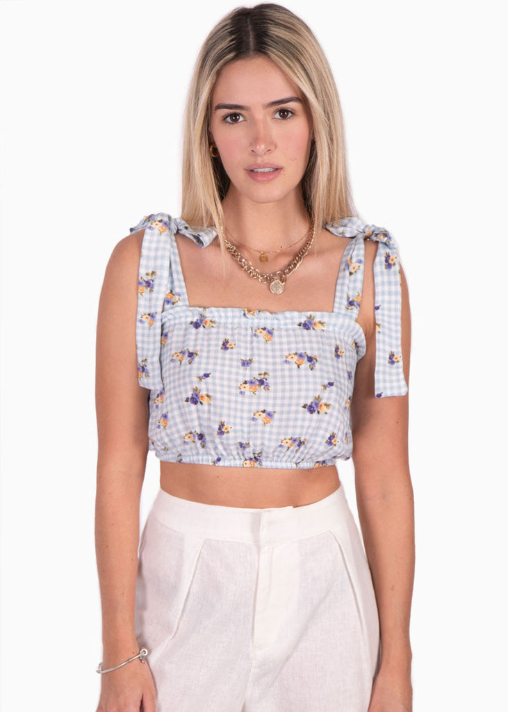 Crop top de tiras con estampado de flores color azul para mujer - Flashy