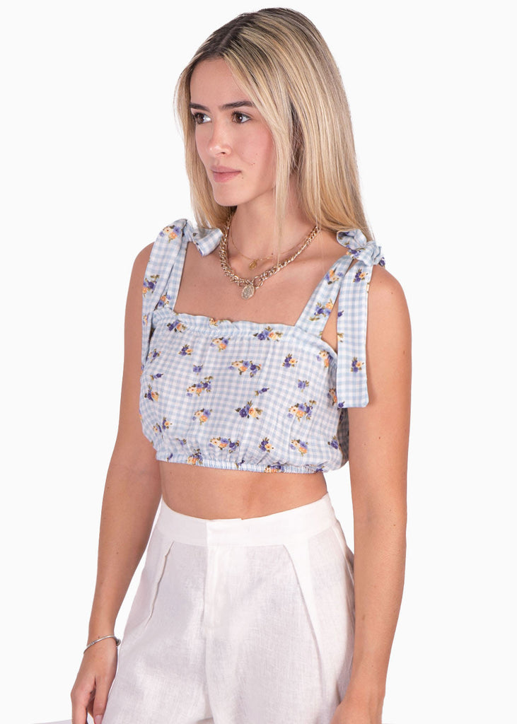 Crop top de tiras con estampado de flores color azul para mujer - Flashy