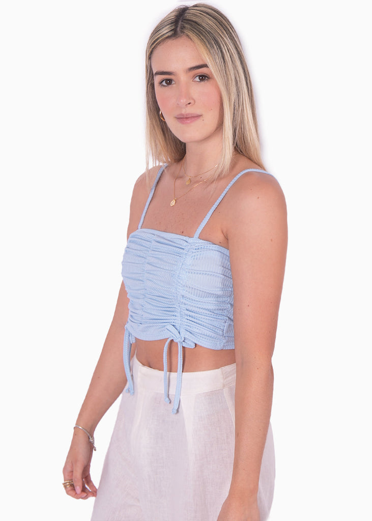 Crop top de tiras con recogidos color azul para mujer - Flashy