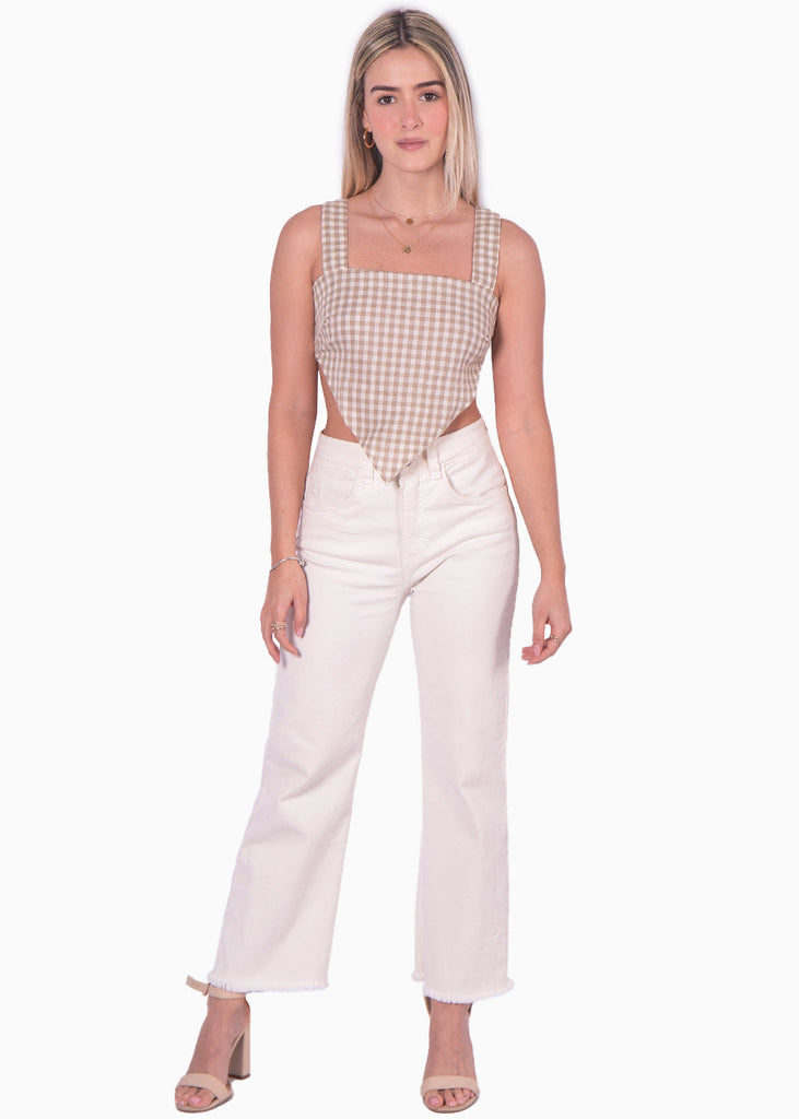Crop top de tiras con tela de cuadros y escote cuadrado color beige para mujer - Flashy