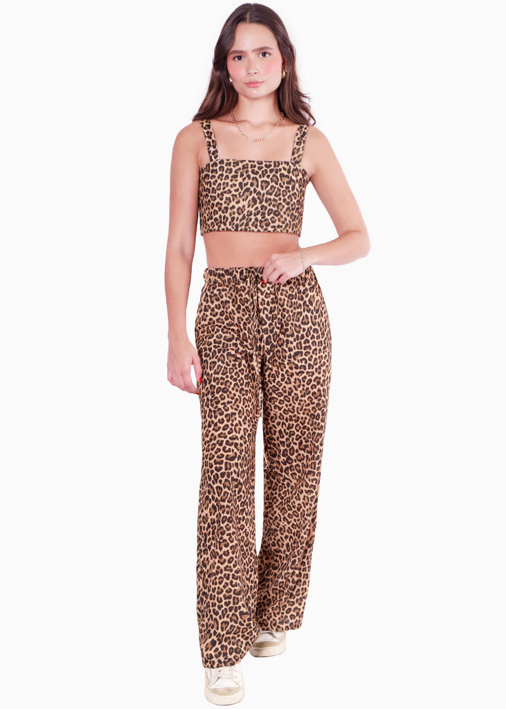 Crop top de tiras de animal print color café para mujer - Flashy