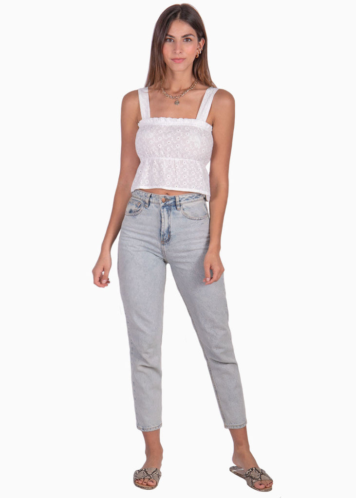 Crop top de tiras en ojalillo con escote cuadrado color blanco, marfil para mujer - Flashy