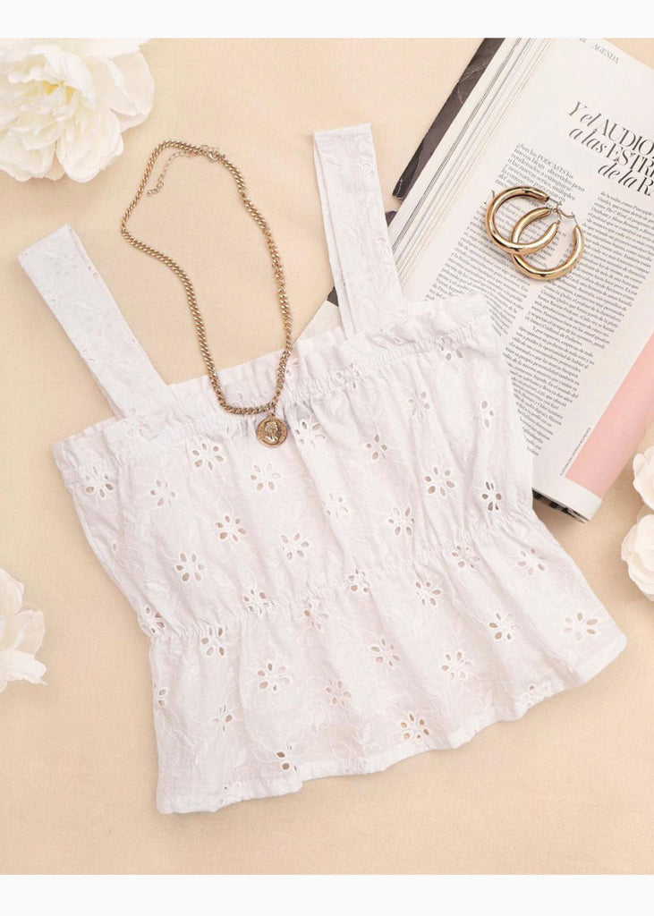 Crop top de tiras en ojalillo con escote cuadrado color blanco, marfil para mujer - Flashy
