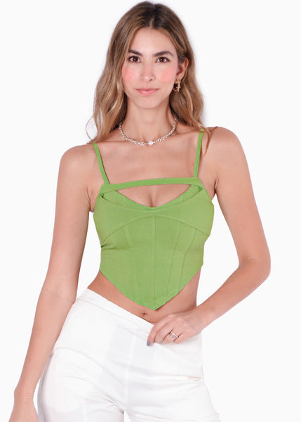 Crop top de tiras tipo corset con abertura en escote color verde para mujer - Flashy