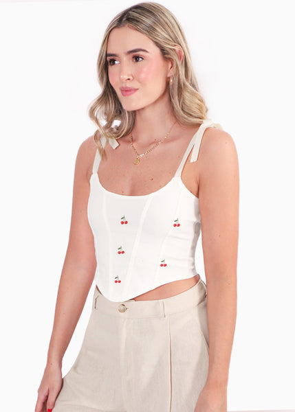 Crop top de tiras tipo corset con bordado de flores - PASCALIA