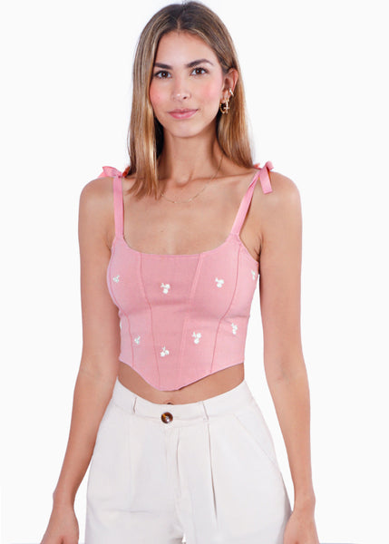 Crop top de tiras tipo corset con bordado de flores color rosado para mujer - Flashy