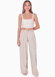 Crop top de tiras tipo lino con rayas color beige para mujer - Flashy