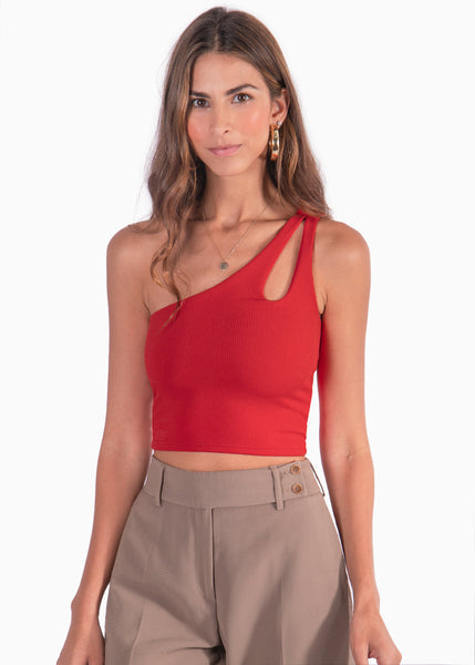 Crop top de un solo hombro color rojo para mujer - Flashy