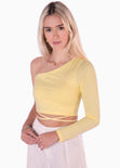 Crop top de un solo hombro con anudados color amarillo para mujer - Flashy
