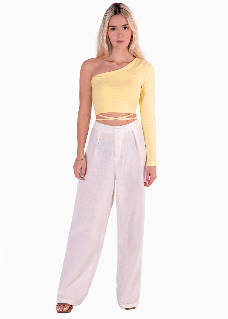 Crop top de un solo hombro con anudados color amarillo para mujer - Flashy