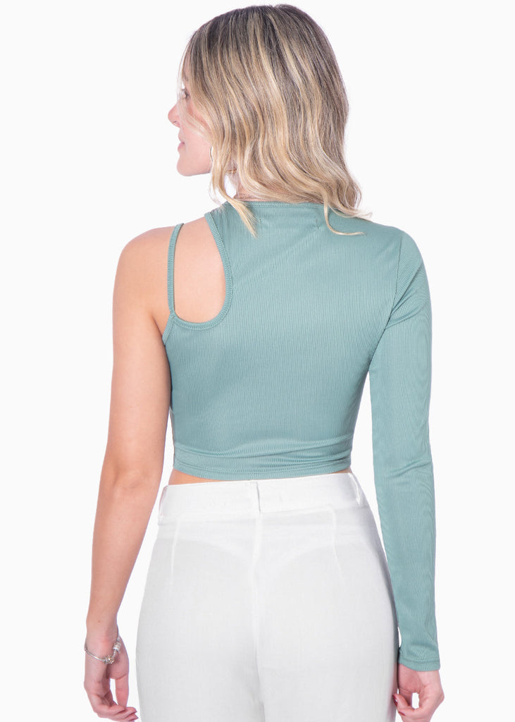 Crop top de un solo hombro con cut out color verde para mujer - Flashy