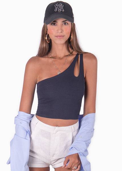 Crop top de un solo hombro color azul para mujer - Flashy