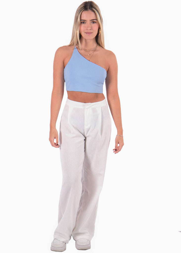 Crop top de un solo hombro color azul para mujer - Flashy