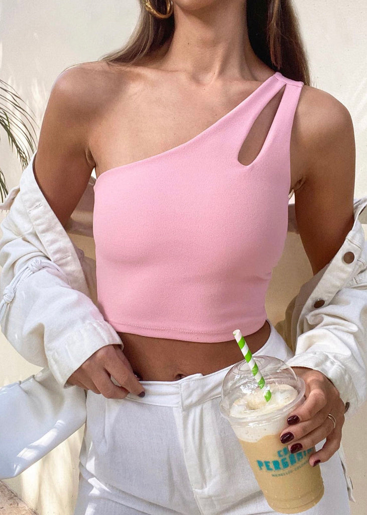 Crop top de un solo hombro color rosado para mujer - Flashy