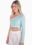 Crop top de un solo hombro y cruce en abdomen color azul para mujer - Flashy