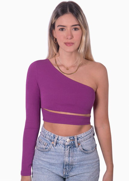 Crop top de un solo hombro y cruce en abdomen color morado para mujer - Flashy