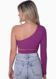 Crop top de un solo hombro y cruce en abdomen color morado para mujer - Flashy