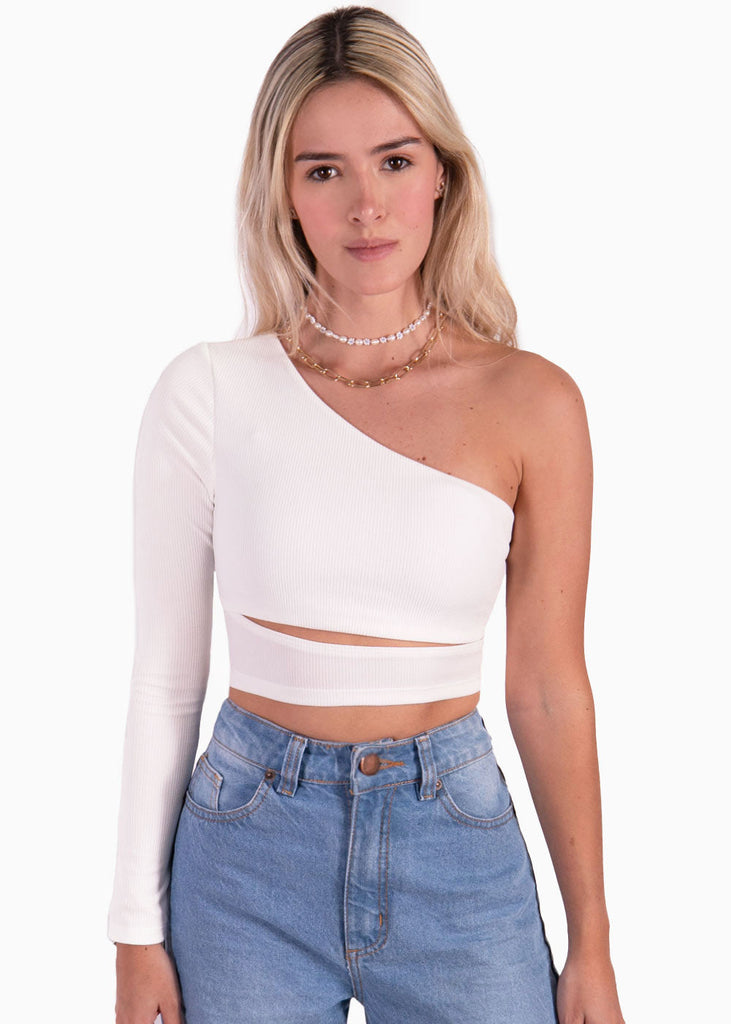Crop top de un solo hombro y cruce en abdomen color blanco para mujer - Flashy