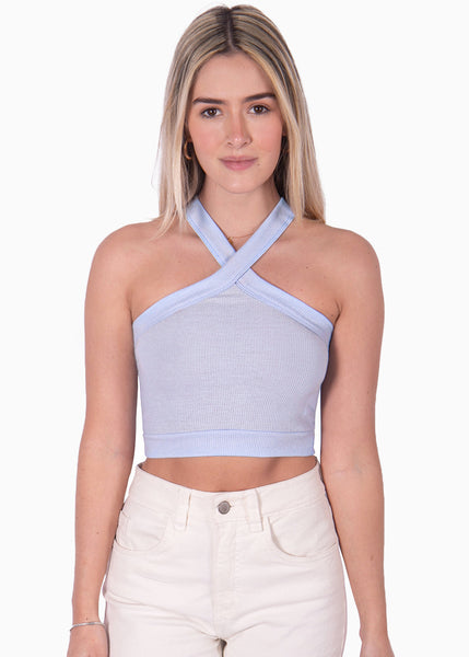 Crop top halter de tiras color azul para mujer - Flashy