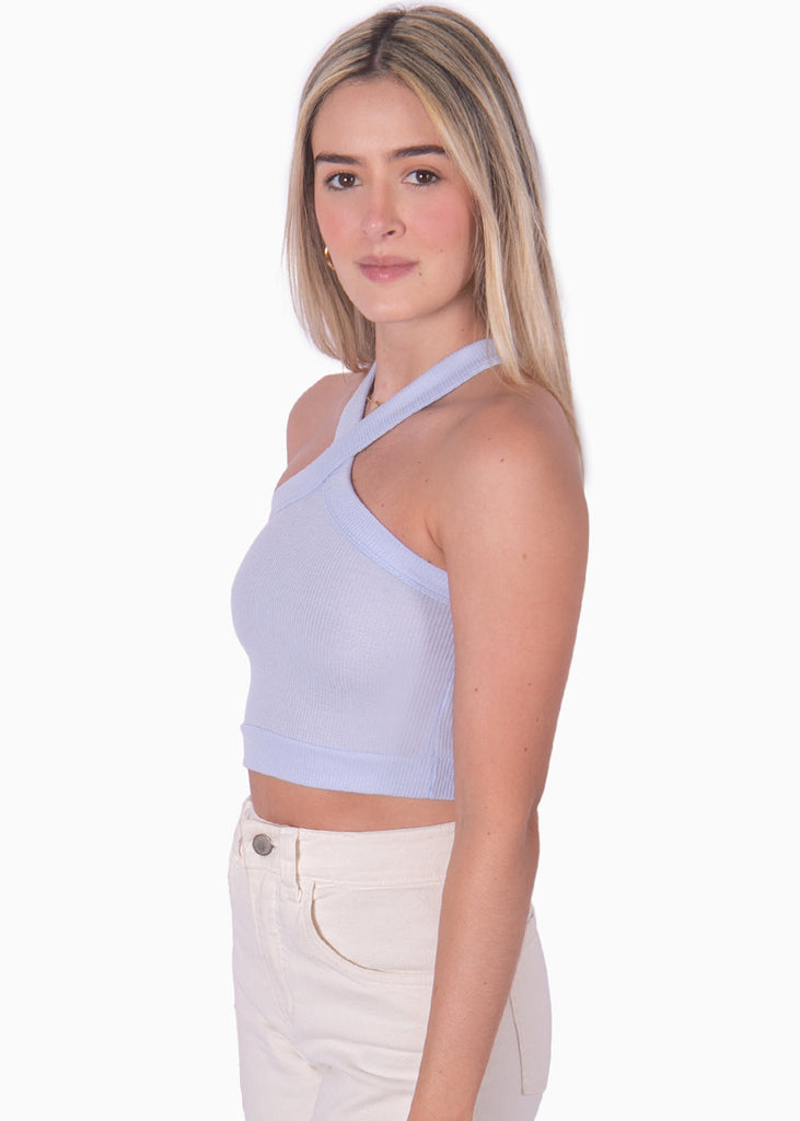 Crop top halter de tiras color azul para mujer - Flashy