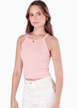 Crop top halter sin mangas y con cruce en espalda color rosado color rosado para mujer - Flashy