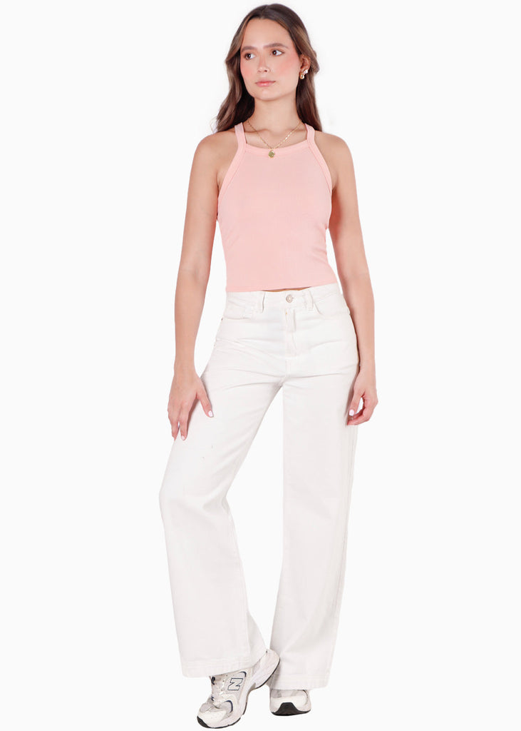 Crop top halter sin mangas y con cruce en espalda color rosado color rosado para mujer - Flashy