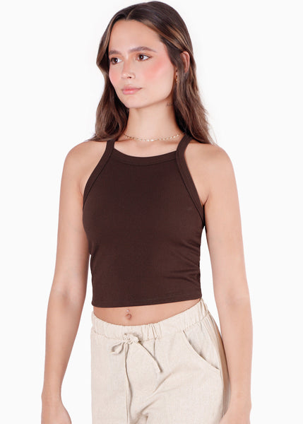 Crop top halter sin mangas y con cruce en espalda color café color café para mujer - Flashy