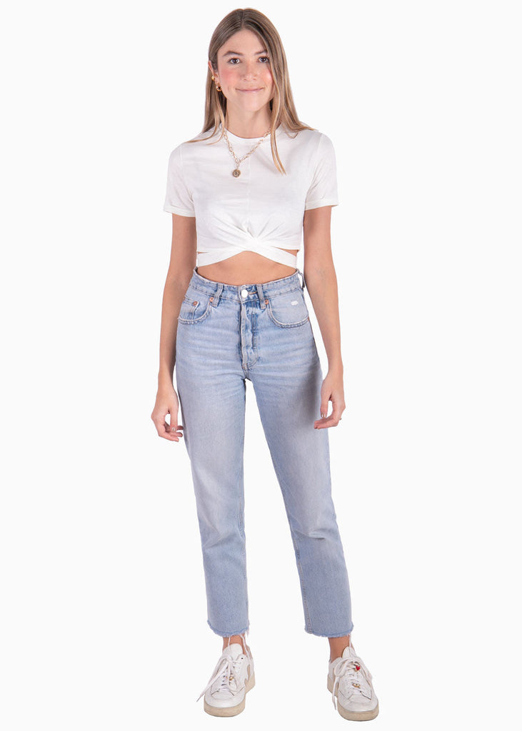 Crop top manga corta con anudados en costados color blanco para mujer - Flashy