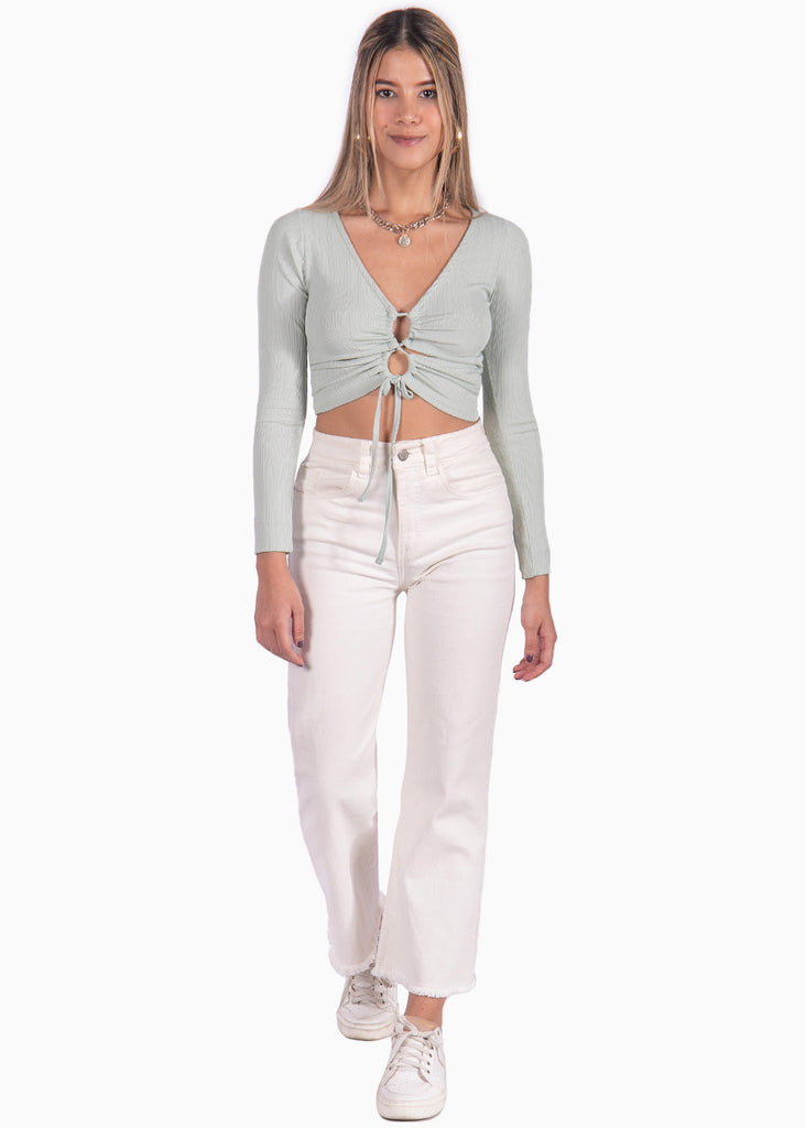 Crop top manga larga con abertura en escote color verde para mujer - Flashy