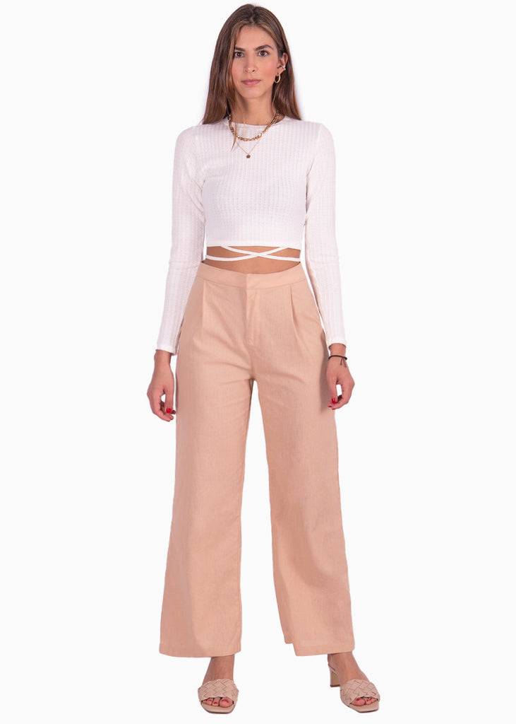Crop top manga larga con anudados color blanco para mujer - Flashy