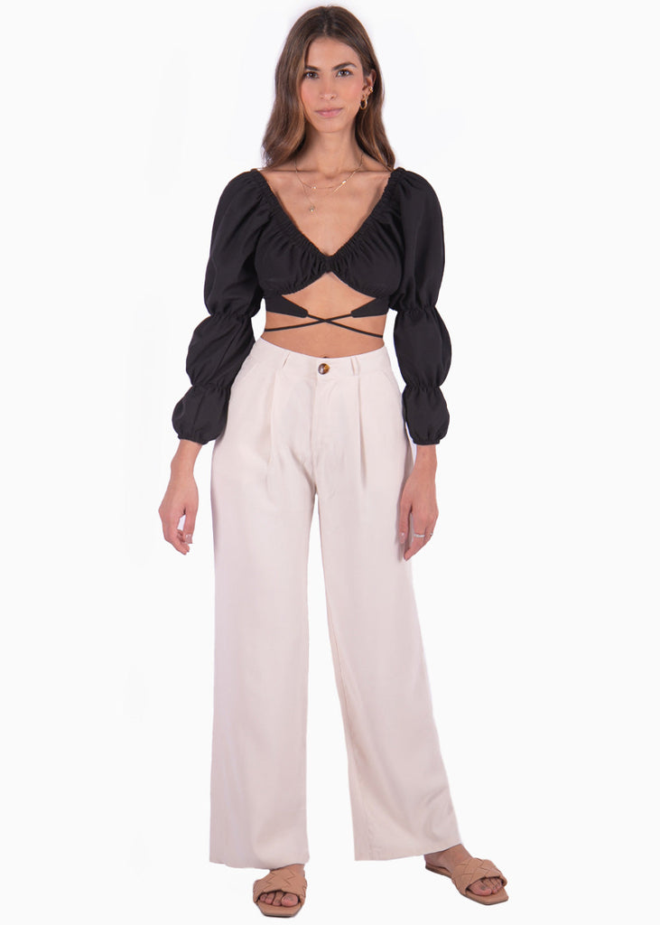 Crop top manga larga con cruce en abdomen color negro para mujer - Flashy