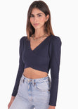 Crop top manga larga con cruce en escote color azul para mujer - Flashy