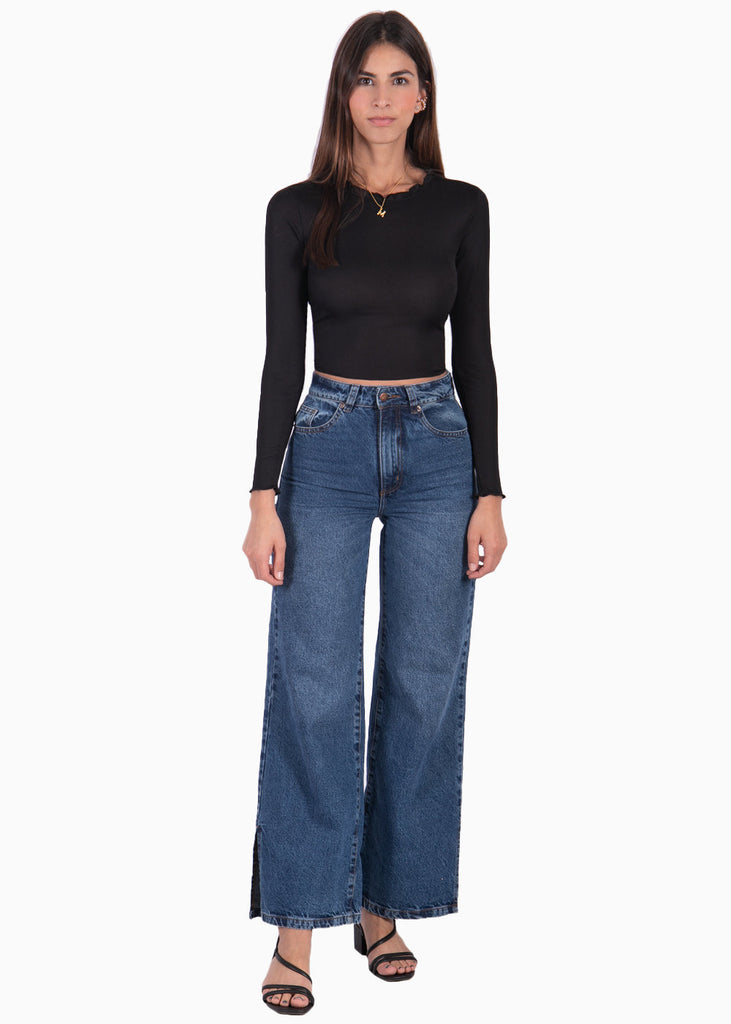 Crop top manga larga con cuello alto y anudados en espalda color negro para mujer - Flashy