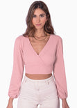 Crop top manga larga con escote cruzado y espalda descubierta color rosado para mujer - Flashy