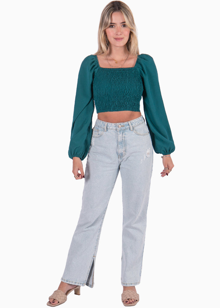 Crop top manga larga con escote cuadrado color verde para mujer - Flashy
