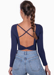 Crop top manga larga con espalda descubierta color azul para mujer - Flashy