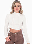 Crop top manga larga cuello alto con anudados en costados color marfil para mujer - Flashy