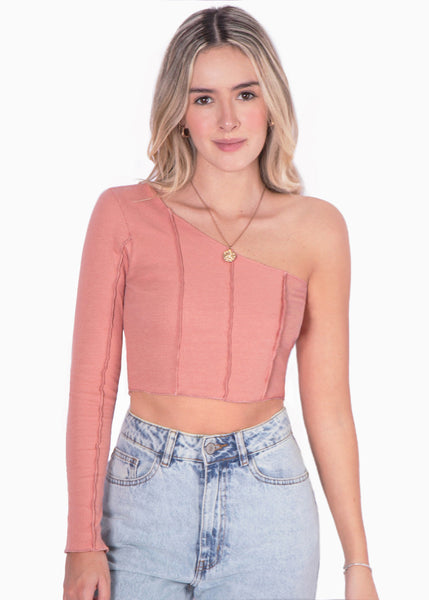 Crop top manga larga de un solo hombro color rosado para mujer - Flashy