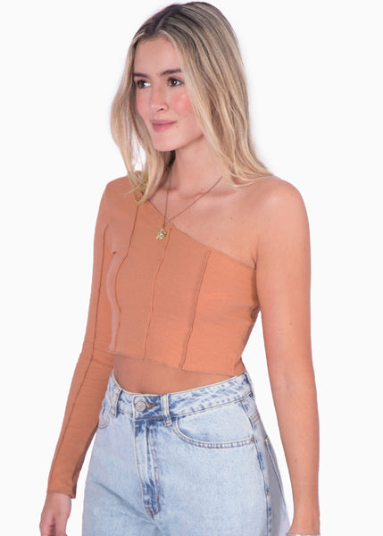 Crop top manga larga de un solo hombro color coral para mujer - Flashy