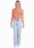 Crop top manga larga de un solo hombro color coral para mujer - Flashy