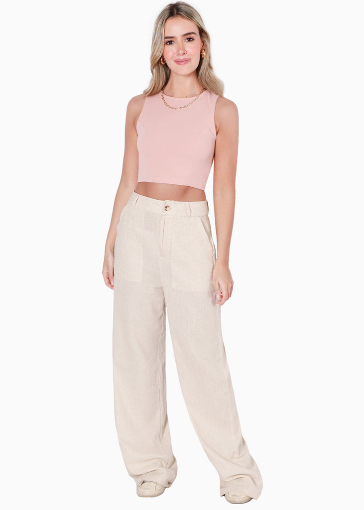 Crop top sin mangas con espalda descubierta y anudado color rosado para mujer - Flashy