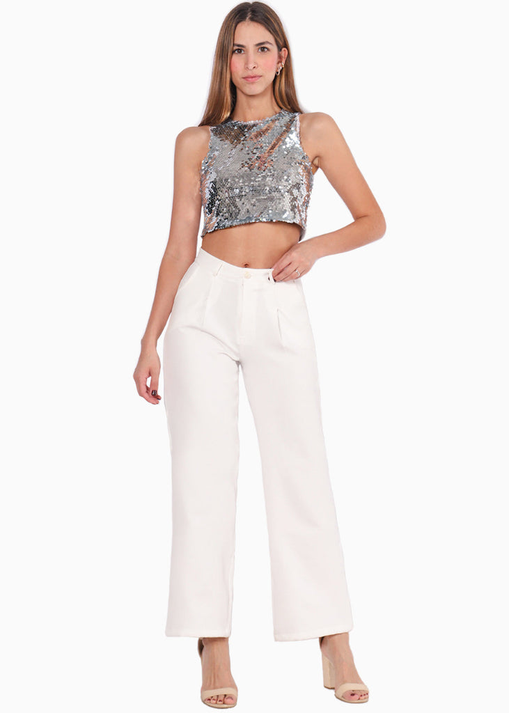 Crop top sin mangas con lentejuelas color gris para mujer - Flashy