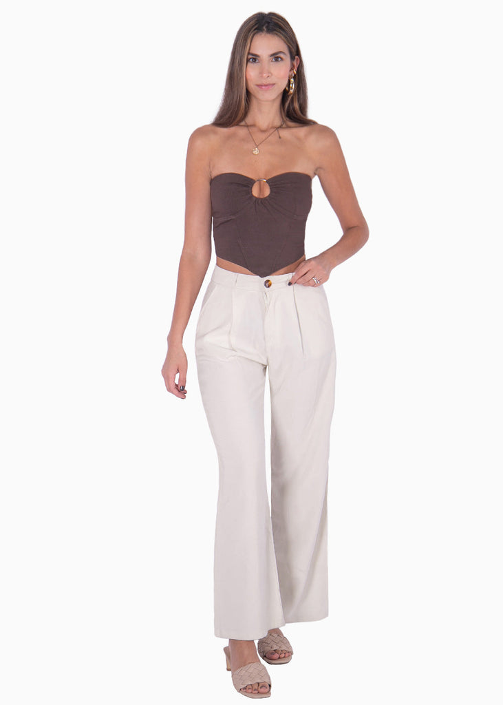 Crop top strapless con aro en escote color café para mujer - Flashy