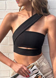 Crop top strapless con cut out y cargadera en diagonal color negro para mujer - Flashy